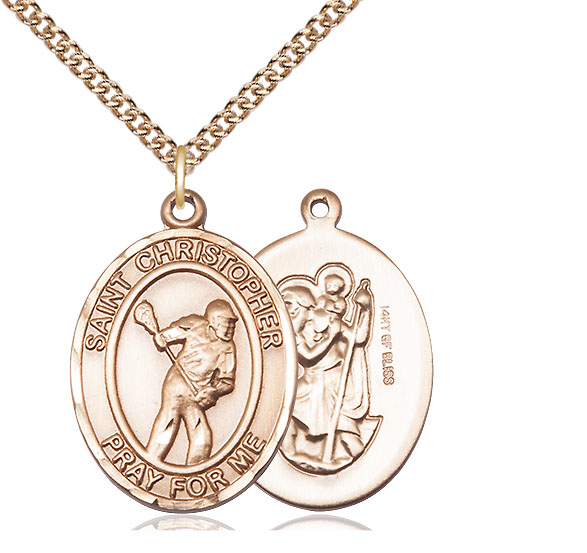 14kt Gold Filled Saint Christopher Lacrosse Pendant on a 24 inch Gold Filled Heavy Curb chain