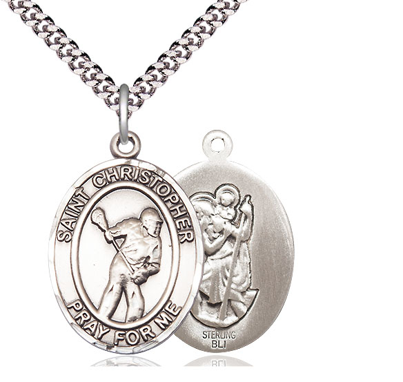 Sterling Silver Saint Christopher Lacrosse Pendant on a 24 inch Light Rhodium Heavy Curb chain