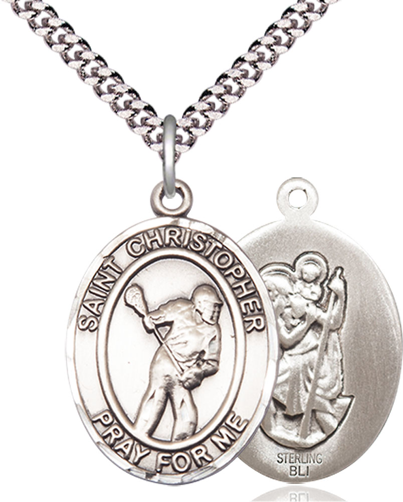 Sterling Silver Saint Christopher Lacrosse Pendant on a 24 inch Light Rhodium Heavy Curb chain