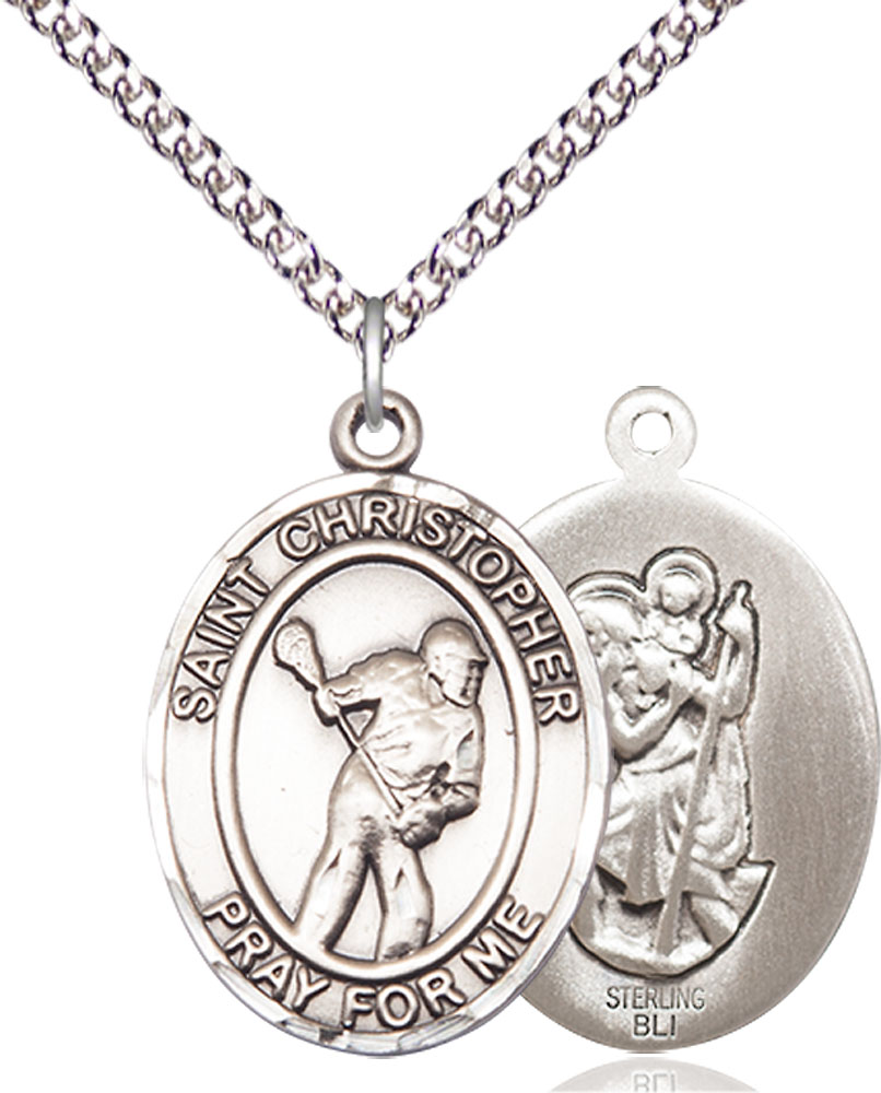 Sterling Silver Saint Christopher Lacrosse Pendant on a 24 inch Sterling Silver Heavy Curb chain