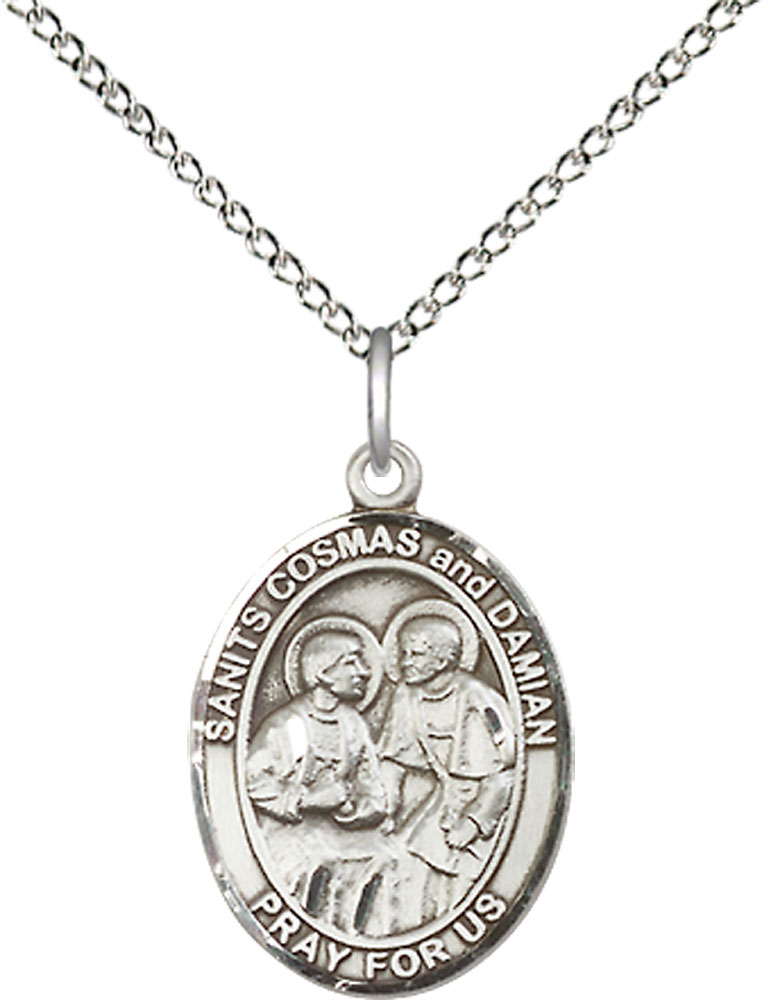 Sterling Silver Saints Cosmas &amp; Damian Pendant on a 18 inch Sterling Silver Light Curb chain