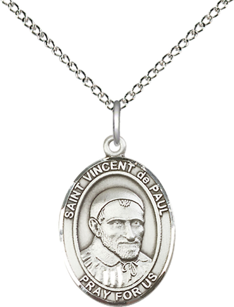 Sterling Silver Saint Vincent de Paul Pendant on a 18 inch Sterling Silver Light Curb chain