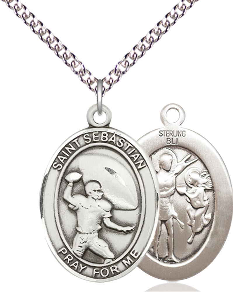 Sterling Silver Saint Sebastian Football Pendant on a 24 inch Sterling Silver Heavy Curb chain