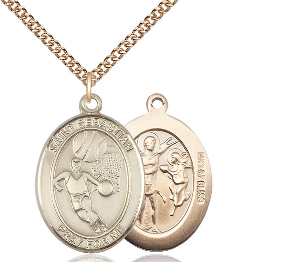 14kt Gold Filled Saint Sebastian Basketball Pendant on a 24 inch Gold Filled Heavy Curb chain