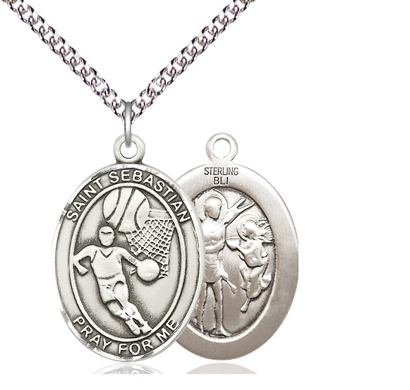Sterling Silver Saint Sebastian Basketball Pendant on a 24 inch Sterling Silver Heavy Curb chain