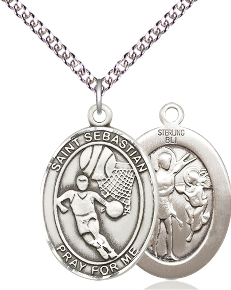 Sterling Silver Saint Sebastian Basketball Pendant on a 24 inch Sterling Silver Heavy Curb chain