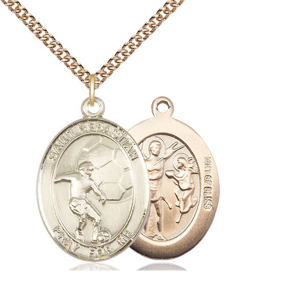 14kt Gold Filled Saint Sebastian Soccer Pendant on a 24 inch Gold Filled Heavy Curb chain