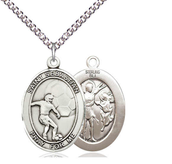Sterling Silver Saint Sebastian Soccer Pendant on a 24 inch Sterling Silver Heavy Curb chain