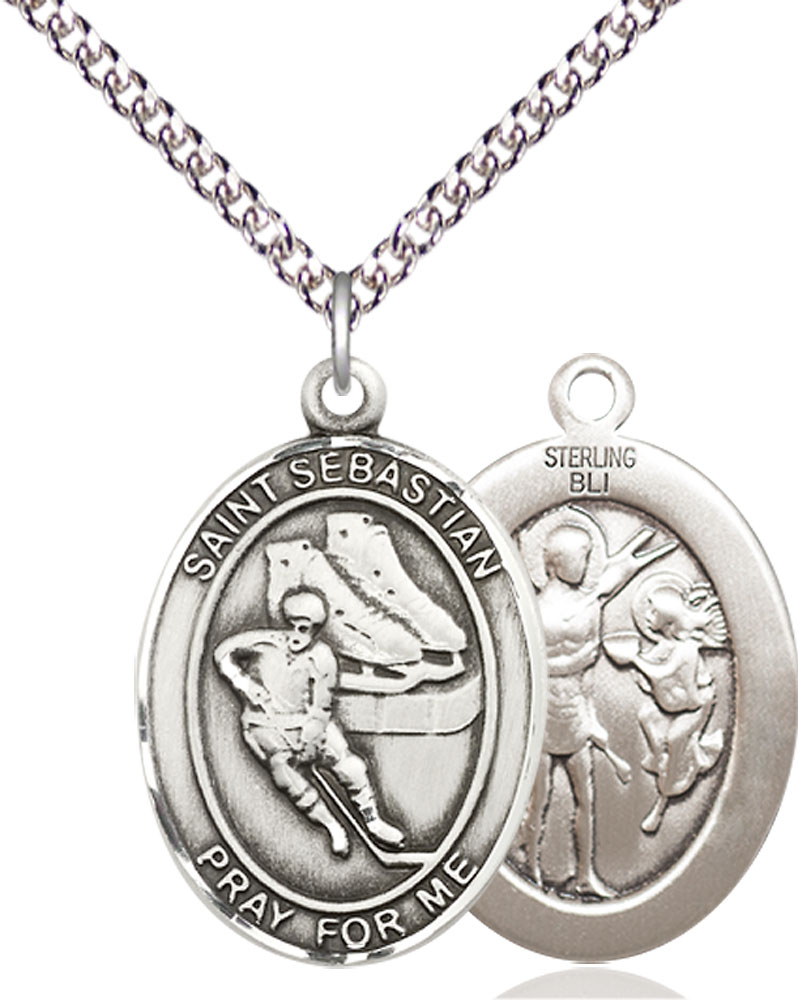 Sterling Silver Saint Sebastian Hockey Pendant on a 24 inch Sterling Silver Heavy Curb chain