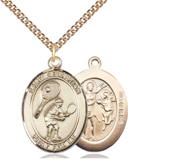 14kt Gold Filled Saint Sebastian Tennis Pendant on a 24 inch Gold Filled Heavy Curb chain
