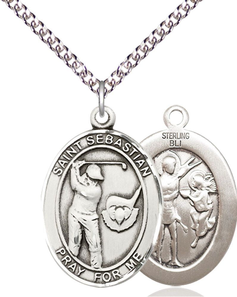 Sterling Silver Saint Sebastian Golf Pendant on a 24 inch Sterling Silver Heavy Curb chain