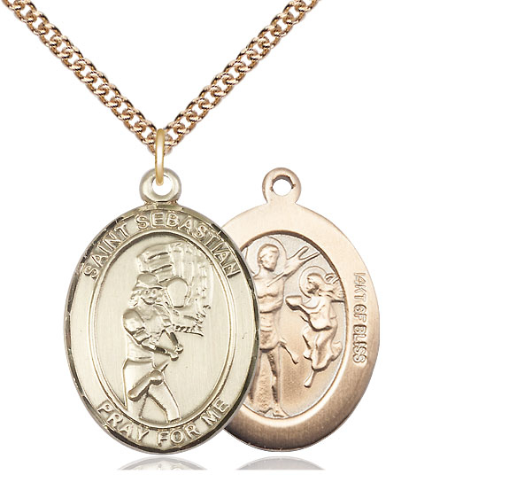 14kt Gold Filled Saint Sebastian Softball Pendant on a 24 inch Gold Filled Heavy Curb chain
