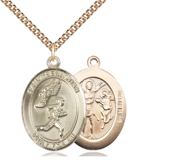 14kt Gold Filled Saint Sebastian Track and Field Pendant on a 24 inch Gold Filled Heavy Curb chain