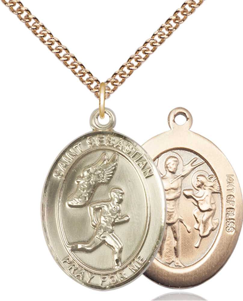 14kt Gold Filled Saint Sebastian Track and Field Pendant on a 24 inch Gold Filled Heavy Curb chain