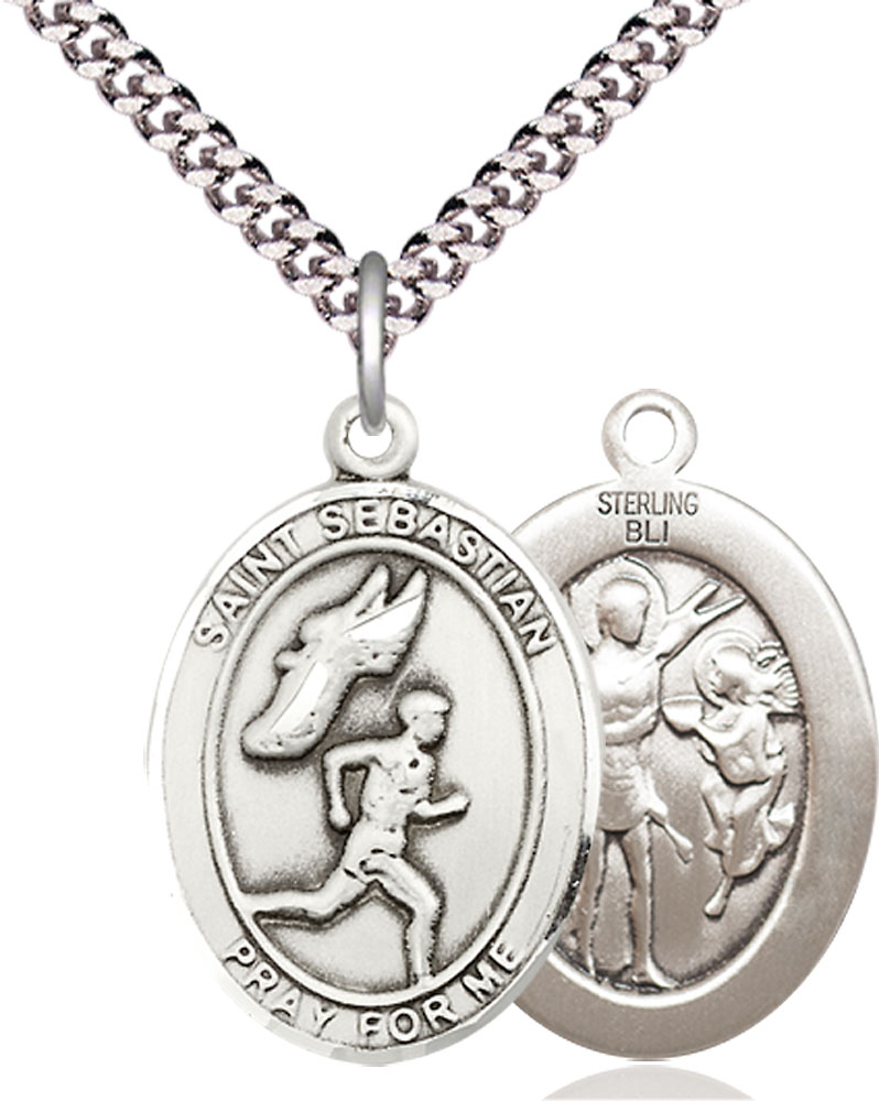 Sterling Silver Saint Sebastian Track and Field Pendant on a 24 inch Light Rhodium Heavy Curb chain