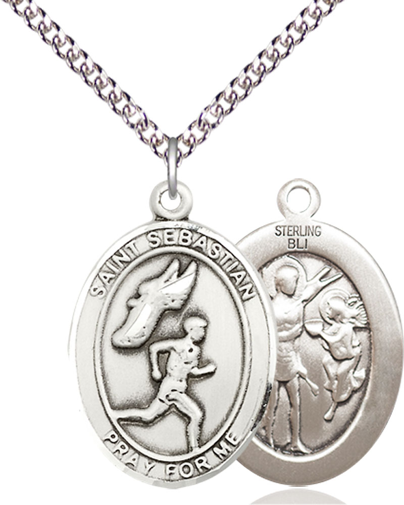 Sterling Silver Saint Sebastian Track and Field Pendant on a 24 inch Sterling Silver Heavy Curb chain