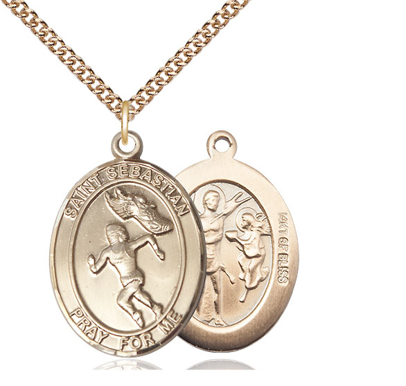 14kt Gold Filled Saint Sebastian Track and Field Pendant on a 24 inch Gold Filled Heavy Curb chain