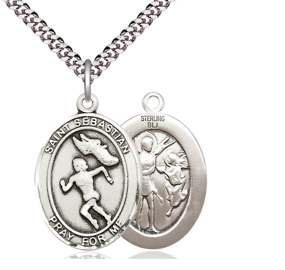 Sterling Silver Saint Sebastian Track and Field Pendant on a 24 inch Light Rhodium Heavy Curb chain