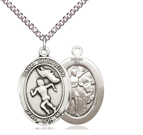 Sterling Silver Saint Sebastian Track and Field Pendant on a 24 inch Sterling Silver Heavy Curb chain