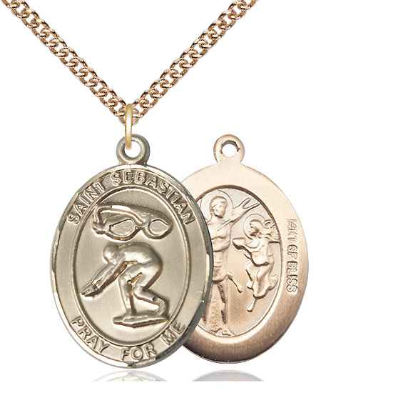 14kt Gold Filled Saint Sebastian Swimming Pendant on a 24 inch Gold Filled Heavy Curb chain