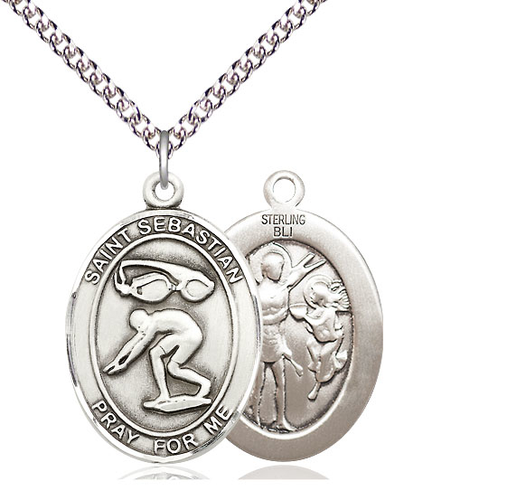 Sterling Silver Saint Sebastian Swimming Pendant on a 24 inch Sterling Silver Heavy Curb chain