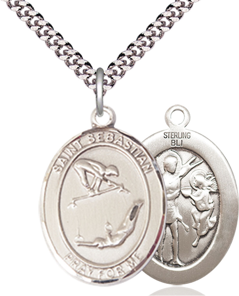Sterling Silver Saint Sebastian Gymnastics Pendant on a 24 inch Light Rhodium Heavy Curb chain