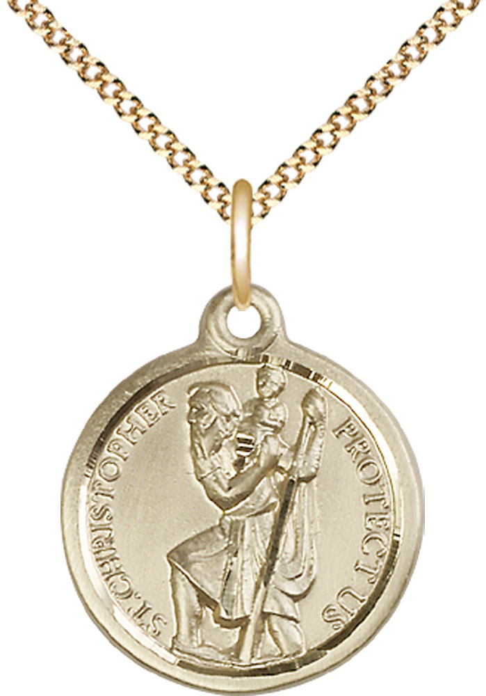 14kt Gold Filled Saint Christopher Pendant on a 18 inch Gold Plate Light Curb chain