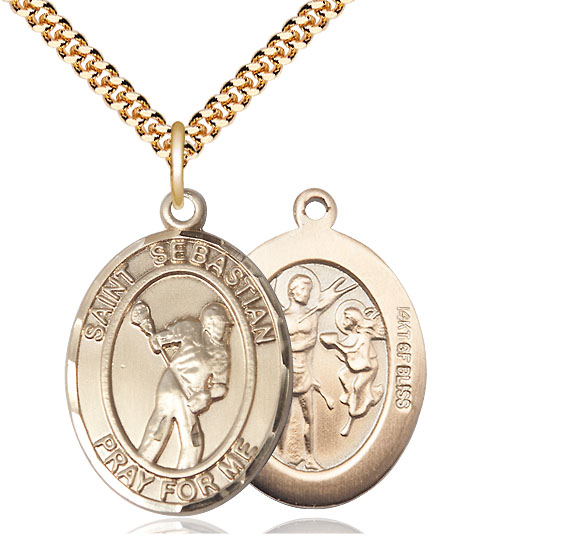 14kt Gold Filled Saint Sebastian Lacrosse Pendant on a 24 inch Gold Plate Heavy Curb chain