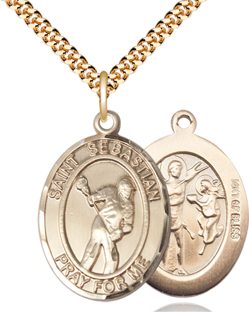 14kt Gold Filled Saint Sebastian Lacrosse Pendant on a 24 inch Gold Plate Heavy Curb chain