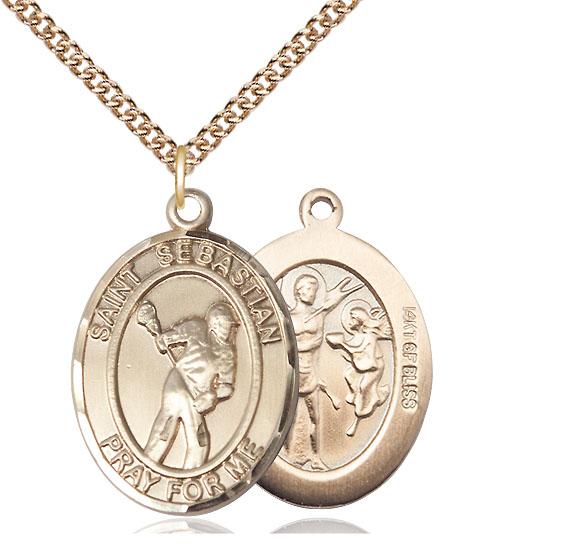 14kt Gold Filled Saint Sebastian Lacrosse Pendant on a 24 inch Gold Filled Heavy Curb chain