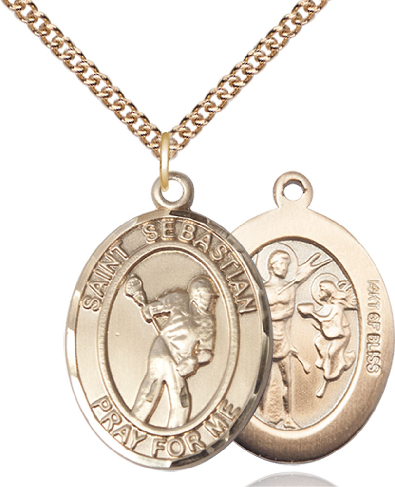 14kt Gold Filled Saint Sebastian Lacrosse Pendant on a 24 inch Gold Filled Heavy Curb chain