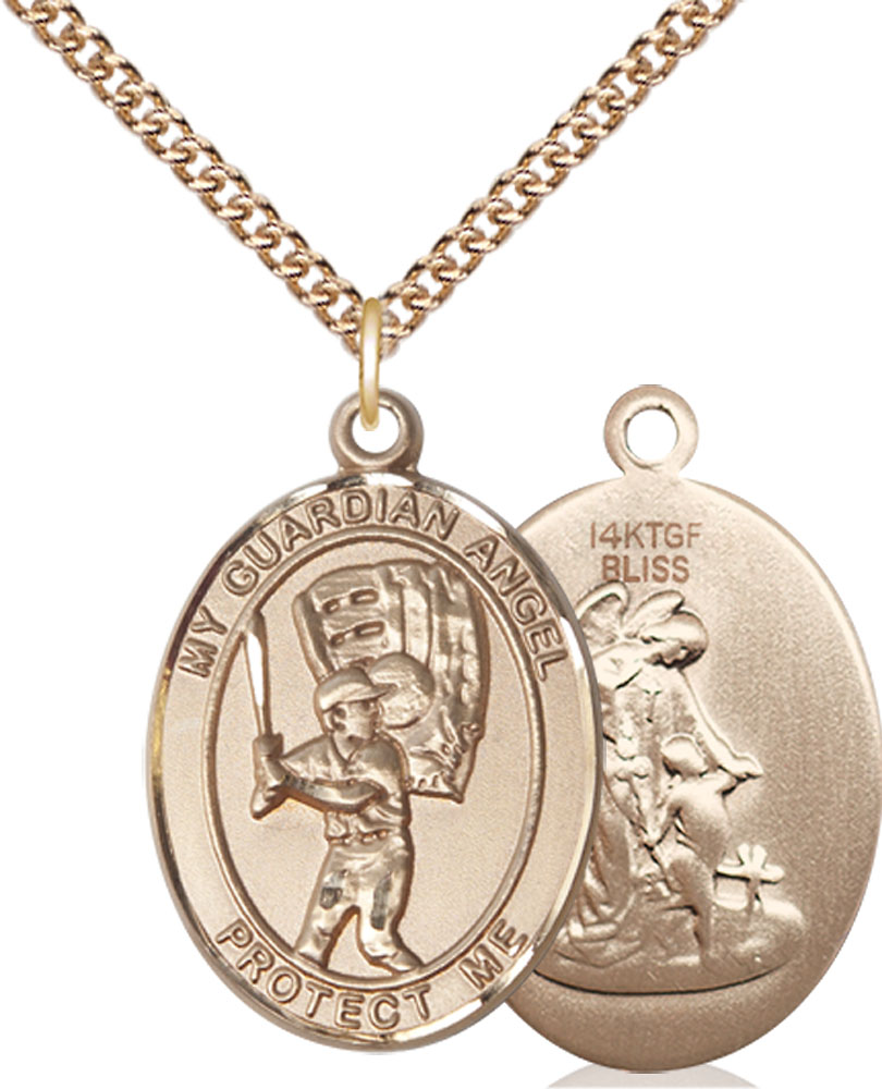 14kt Gold Filled Guardian Angel Baseball Pendant on a 24 inch Gold Filled Heavy Curb chain