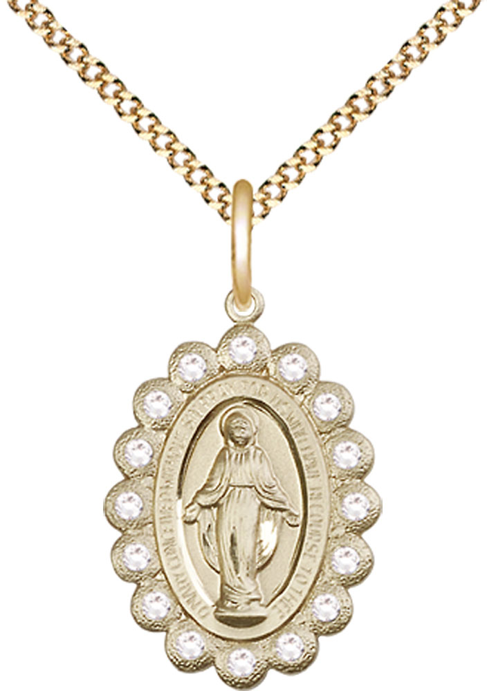 14kt Gold Filled Miraculous Pendant with Crystal Swarovski stones on a 18 inch Gold Plate Light Curb chain