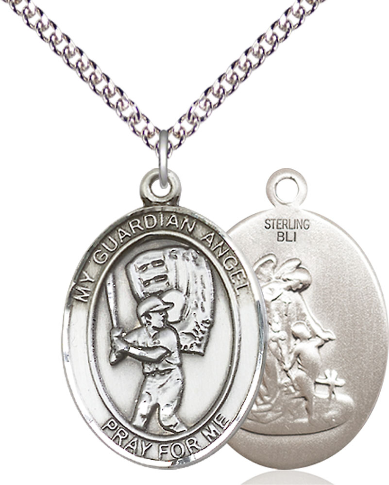 Sterling Silver Guardian Angel Baseball Pendant on a 24 inch Sterling Silver Heavy Curb chain