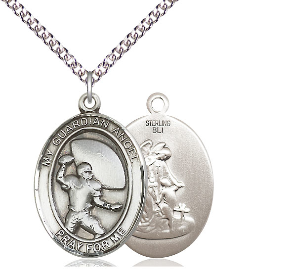 Sterling Silver Guardian Angel Football Pendant on a 24 inch Sterling Silver Heavy Curb chain