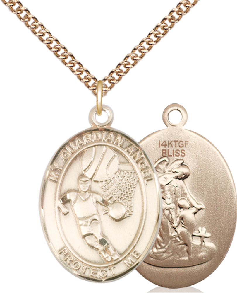 14kt Gold Filled Guardian Angel Basketball Pendant on a 24 inch Gold Filled Heavy Curb chain
