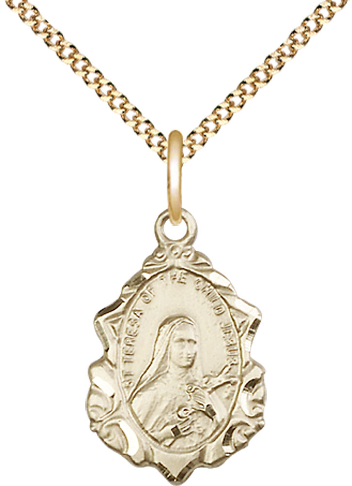 14kt Gold Filled Saint Theresa Pendant on a 18 inch Gold Plate Light Curb chain