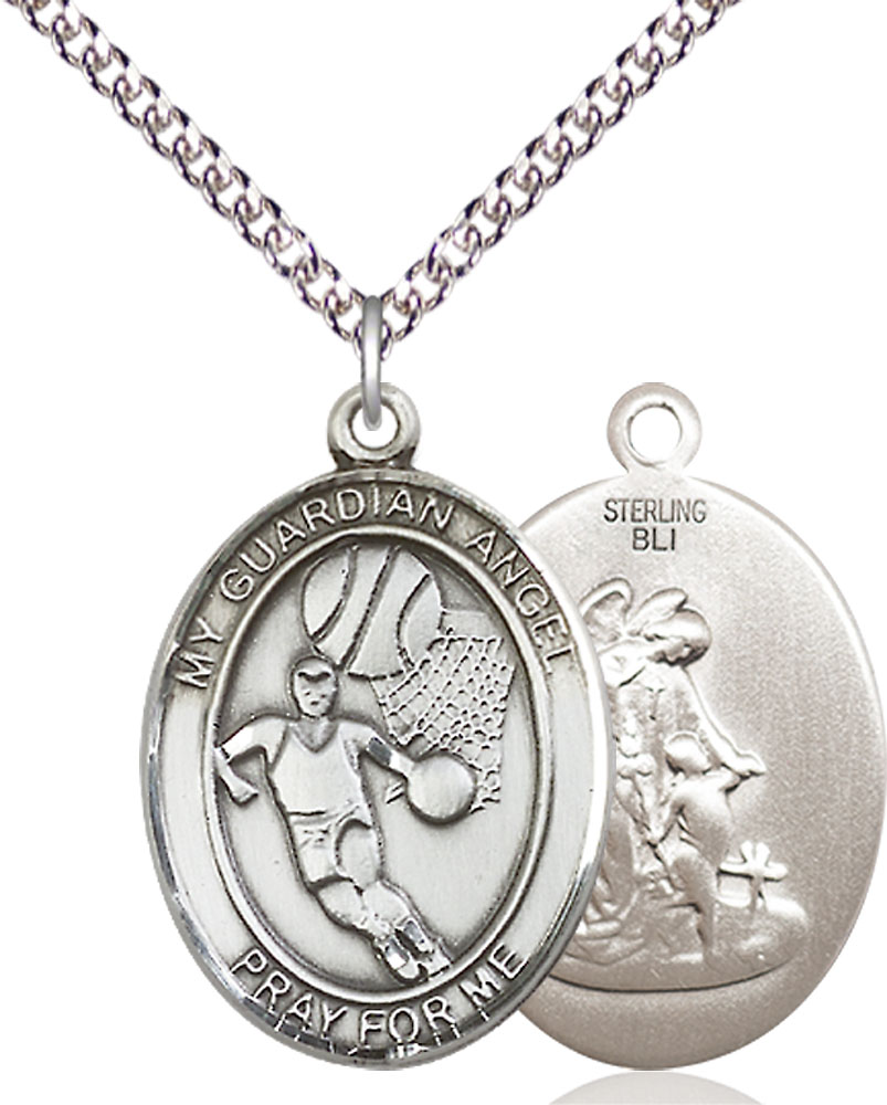 Sterling Silver Guardian Angel Basketball Pendant on a 24 inch Sterling Silver Heavy Curb chain