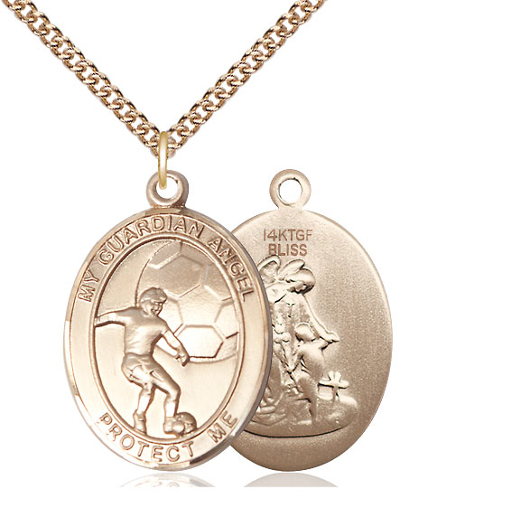 14kt Gold Filled Guardian Angel Soccer Pendant on a 24 inch Gold Filled Heavy Curb chain
