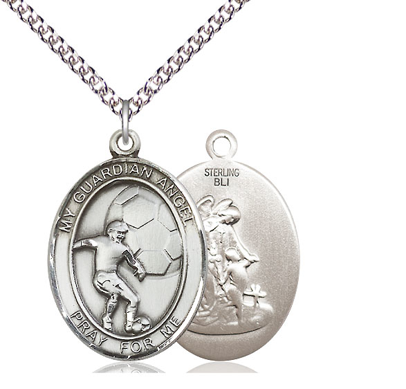 Sterling Silver Guardian Angel Soccer Pendant on a 24 inch Sterling Silver Heavy Curb chain