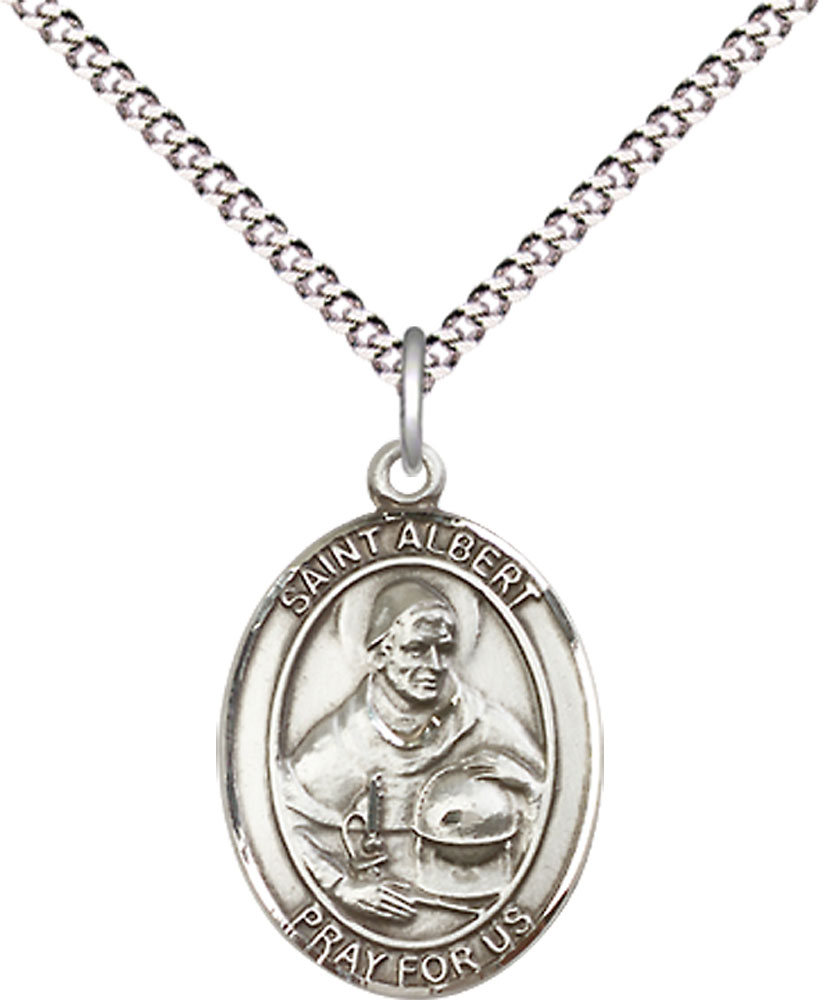 Sterling Silver Saint Albert the Great Pendant on a 18 inch Light Rhodium Light Curb chain