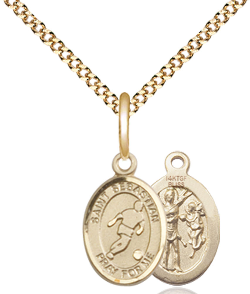 14kt Gold Filled Saint Sebastian Soccer Pendant on a 18 inch Gold Plate Light Curb chain