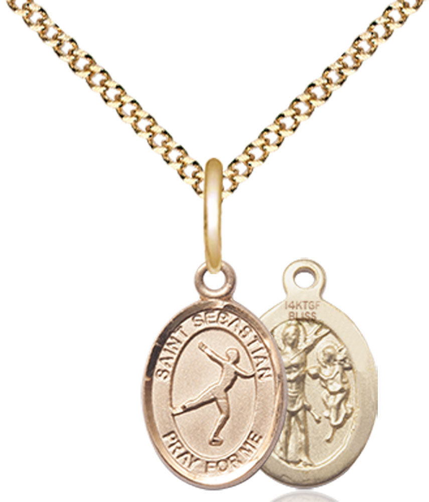 14kt Gold Filled Saint Sebastian Figure Skating Pendant on a 18 inch Gold Plate Light Curb chain