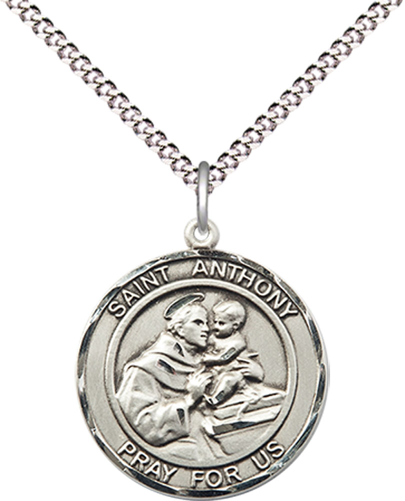 Sterling Silver Saint Anthony Pendant on a 18 inch Light Rhodium Light Curb chain