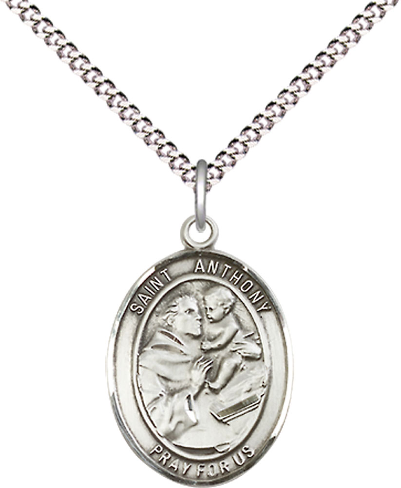 Sterling Silver Saint Anthony of Padua Pendant on a 18 inch Light Rhodium Light Curb chain