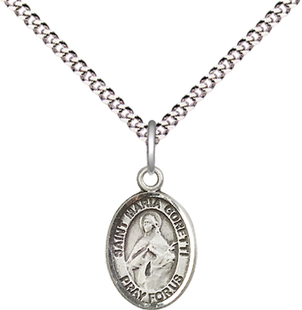Sterling Silver Saint Maria Goretti Pendant on a 18 inch Light Rhodium Light Curb chain