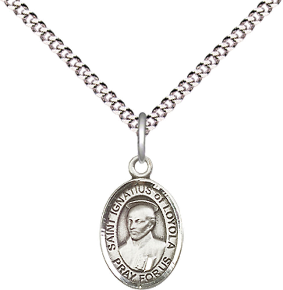 Sterling Silver Saint Ignatius of Loyola Pendant on a 18 inch Light Rhodium Light Curb chain