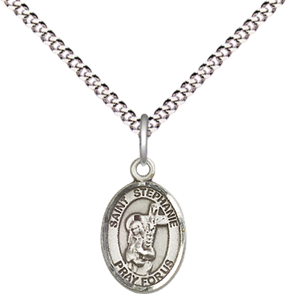 Sterling Silver Saint Stephanie Pendant on a 18 inch Light Rhodium Light Curb chain
