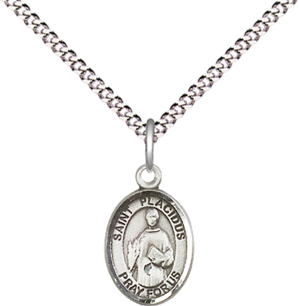 Sterling Silver Saint Placidus Pendant on a 18 inch Light Rhodium Light Curb chain