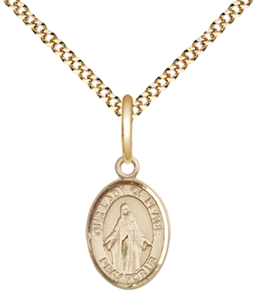 14kt Gold Filled Our Lady of Peace Pendant on a 18 inch Gold Plate Light Curb chain